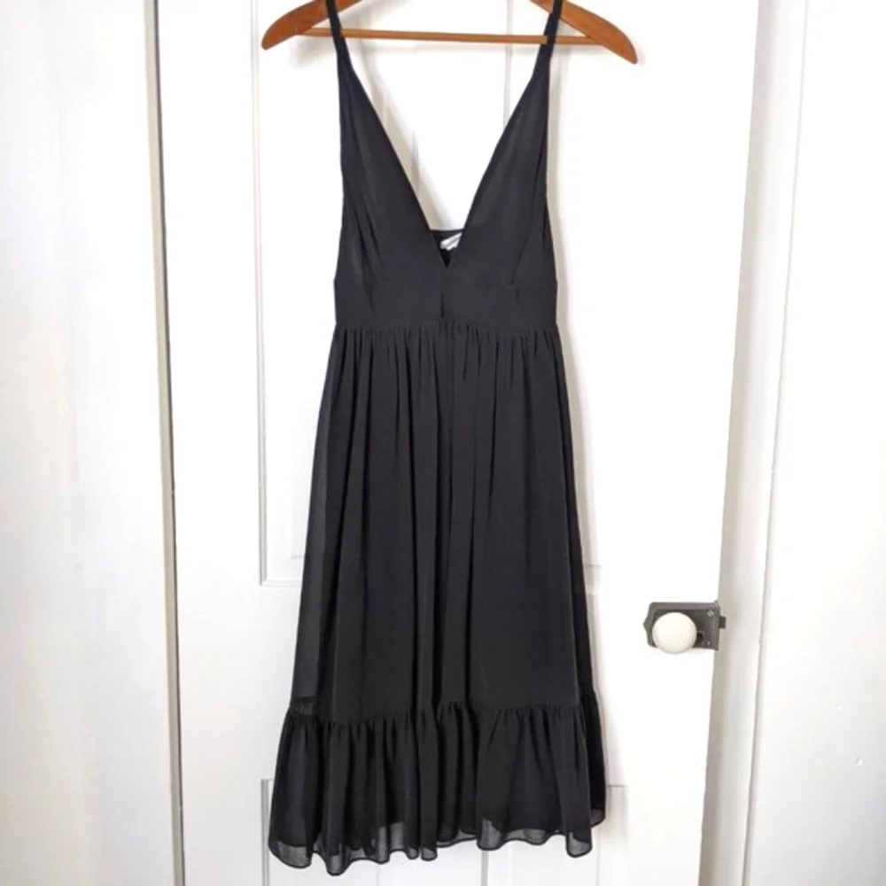J. Crew Black Silk Deep V Dress with Ruffle - Picture 2 of 14